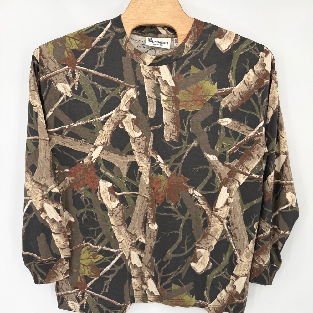 No Boundaries T-Shirt Mens XL Camo Oversized Fit Long Sleeve Cotton Woods Print
